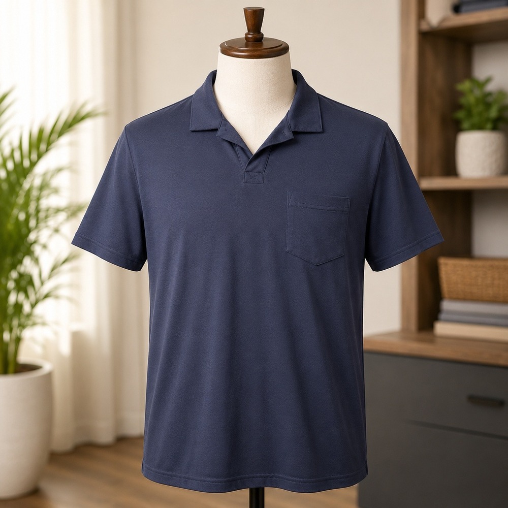 NWOT WHEAT Polo Shirt XL Navy Blue Short Sleeve Notch Lapel‎ Pocket Jersey Knit